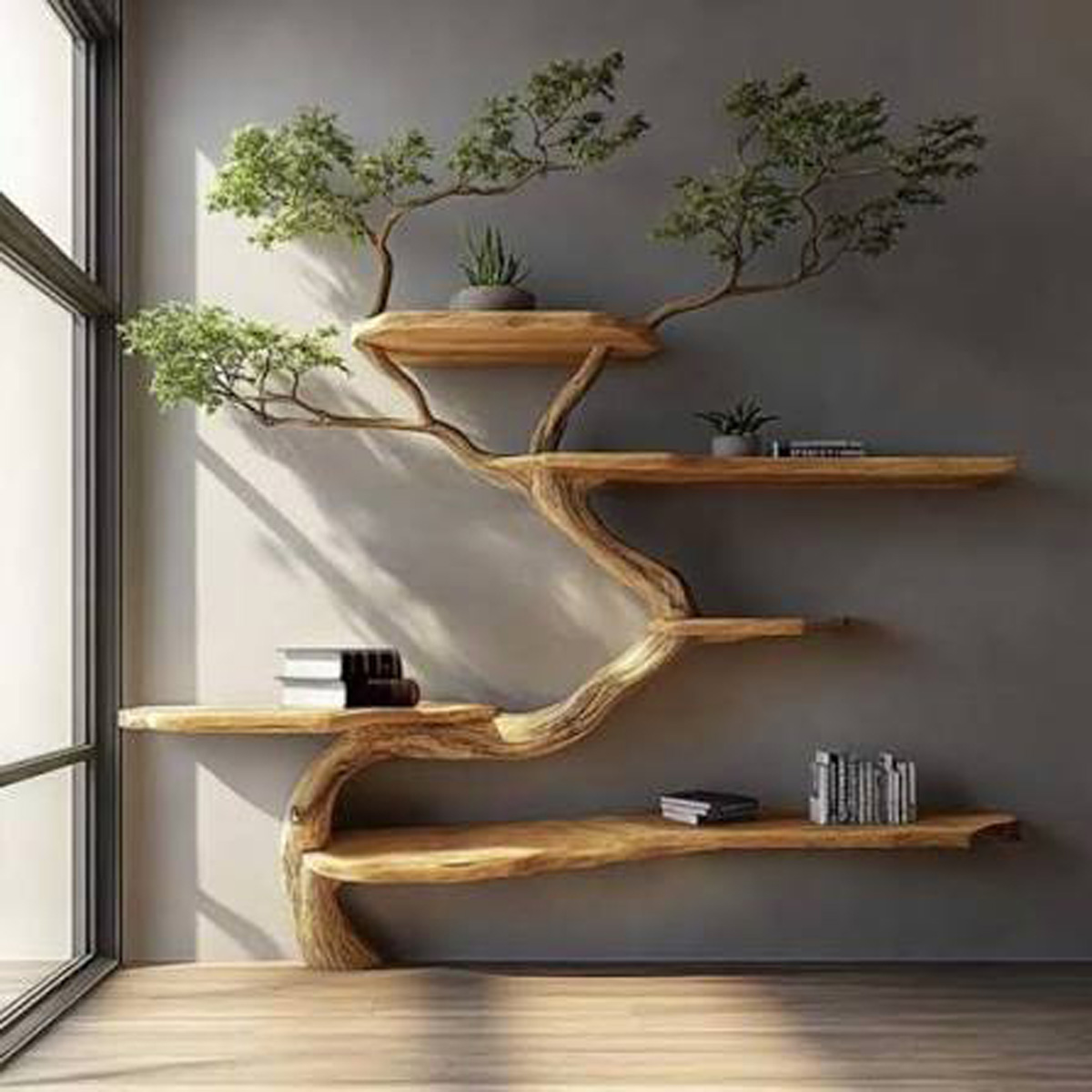 Natural Timber Tree-Form Wall Shelf