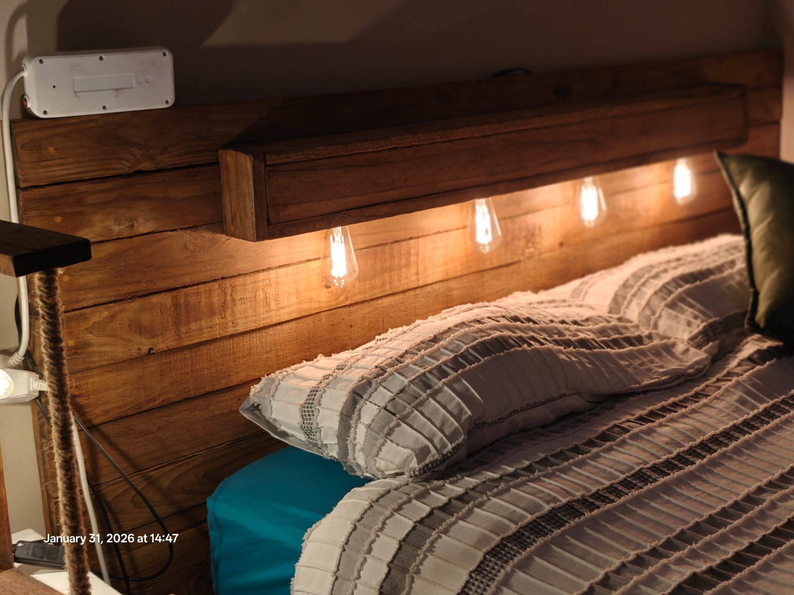 Queen-Size Timber Headboard with Edison Lighting - Image 4